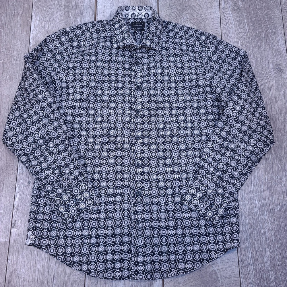 Viyella London Button Front Shirt Mens XL Black White Geometric Floral Print
